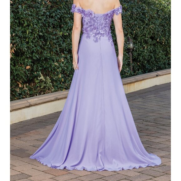 New Off Shoulder Long A-Line Floral Dress w/ Leg Slit & Lace Up Back DQ 4268 - Picture 6 of 9